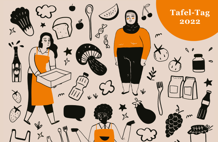 Tafel-Tag 2022: Illustration von drei Tafel-Helferinnen zwischen vielen kleinen Lebensmitteln.
