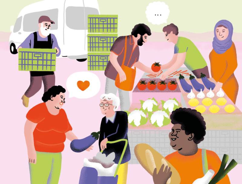 Farbenfrohe Illustration von Tafel-Helfer:innen, die zum Tafel-Tag Lebensmittel an Kund:innen verteilen.
