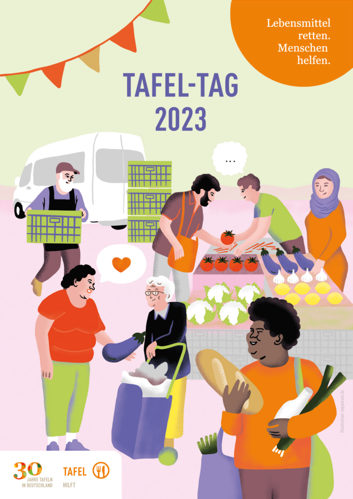 Farbenfrohe Illustration zum Tafel-Tag 2023, die Tafel-Aktive und ihre Kundschaft bei der Lebensmittel-Ausgabe zeigt.