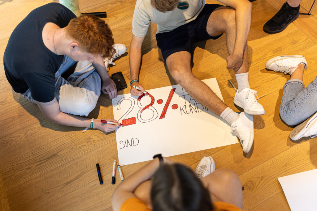 3 junge Tafel-Aktive sitzen auf dem Boden und malen gemeinsam ein Plakat für eine Demo.