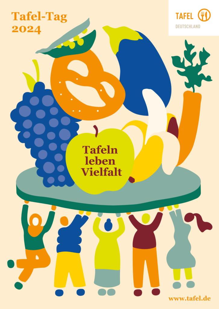 farbenfrohe Illustration zum Tafel-Tag 2024: 5 Tafe-Aktive tragen einen Teller mit überdimmensioniertem Obst. Auf einem Apfel steht "Tafeln leben Vielfalt".