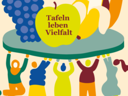 farbenfrohe Illustration zum Tafel-Tag 2024: 5 Tafe-Aktive tragen einen Teller mit überdimmensioniertem Obst. Auf einem Apfel steht "Tafeln leben Vielfalt".