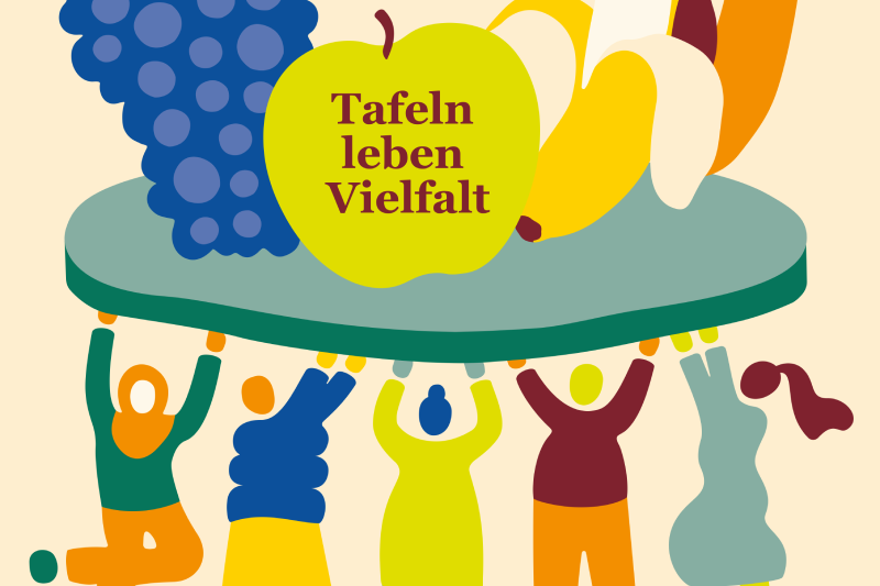 farbenfrohe Illustration zum Tafel-Tag 2024: 5 Tafe-Aktive tragen einen Teller mit überdimmensioniertem Obst. Auf einem Apfel steht "Tafeln leben Vielfalt".