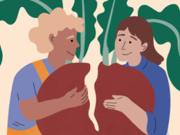 Illustration von 2 Tafel-Helfer:innen, die ein Radieschen teilen.