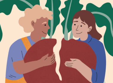 Illustration von 2 Tafel-Helfer:innen, die ein Radieschen teilen.